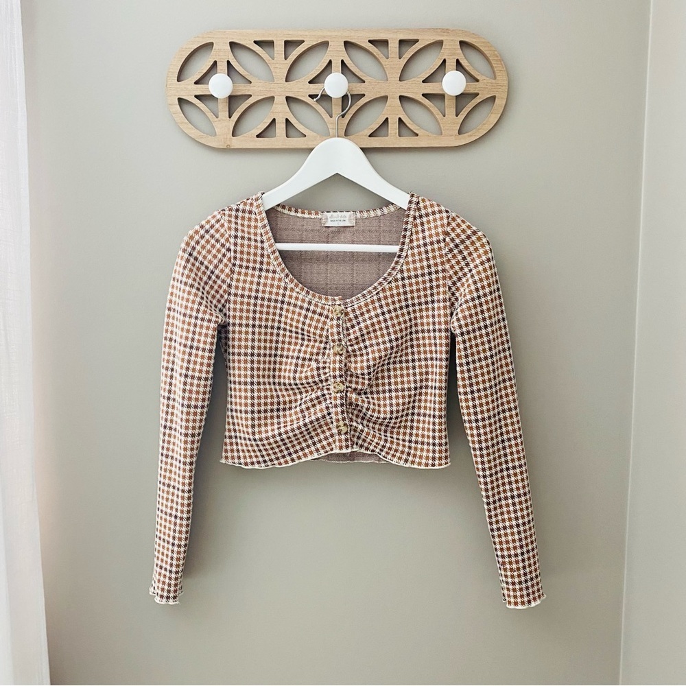 Altar'd State Button Up Crop Long Sleeve Top Brown/Cream Sz Small - Picture 1 of 10